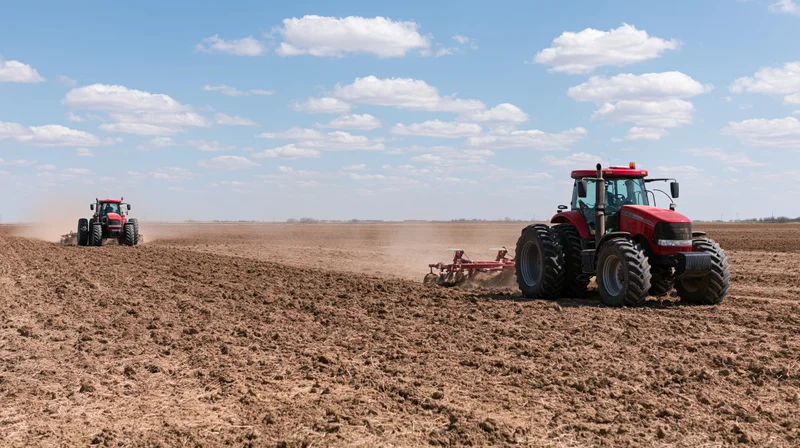 Tractors pulling tillage equipment across a freshly tilled field