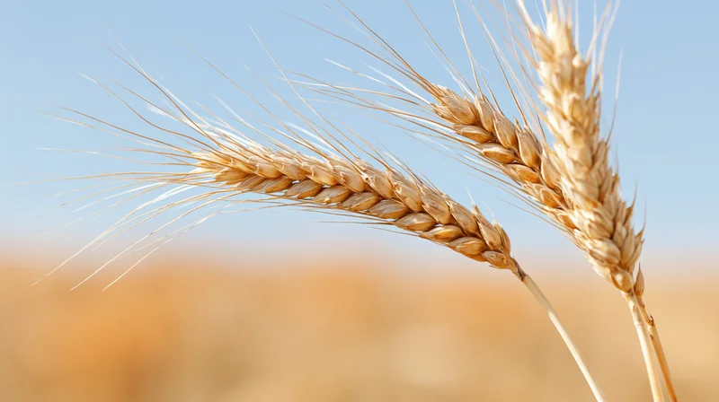 Close-up of ripe wheat stalks against a blue sky in a golden field