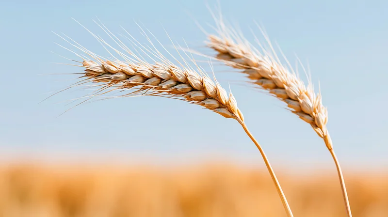 Close-up of two ripe wheat stalks against a blue sky with blurred field in background