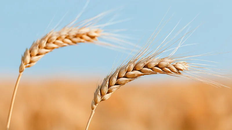 Close-up of two ripe wheat stalks in a field under a blue sky