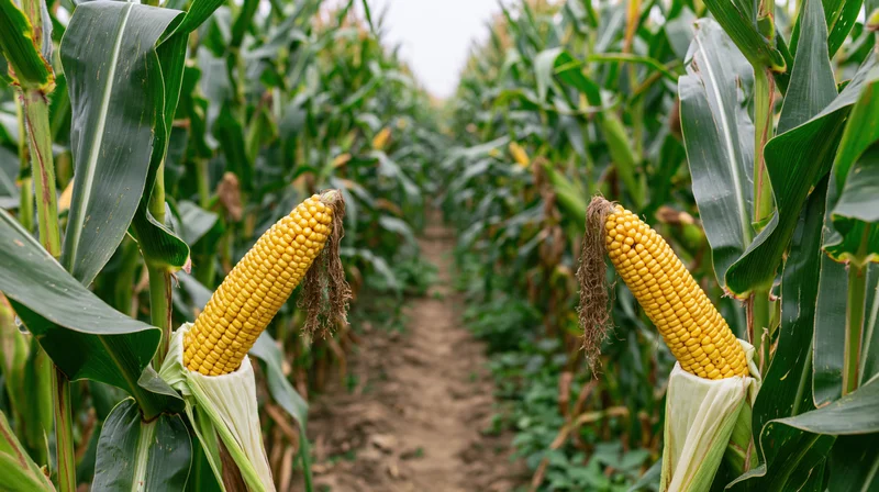 Ripe corn ears with husks pulled back in a field row