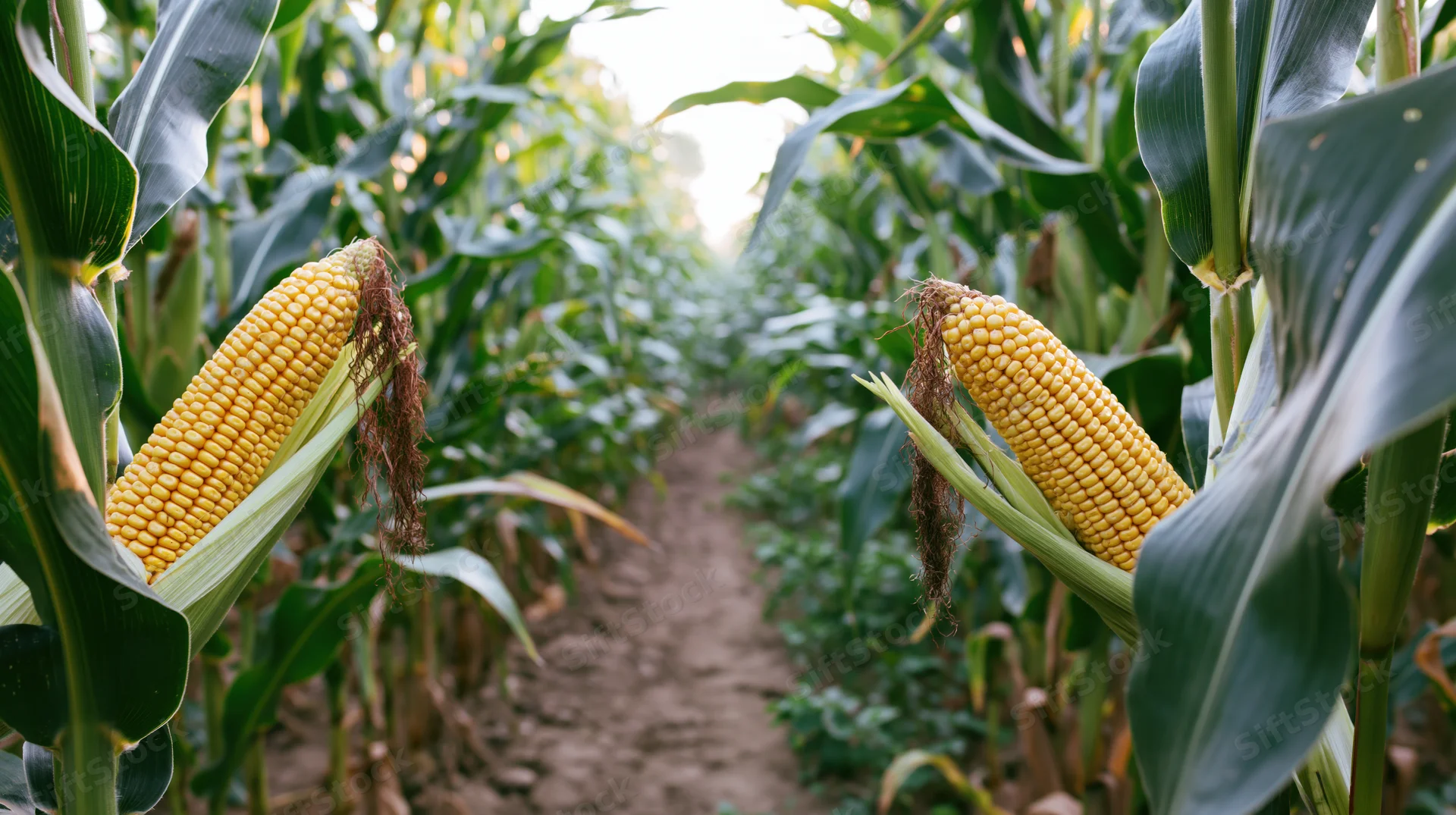 Ripe corn ears with husks pulled back in a field row