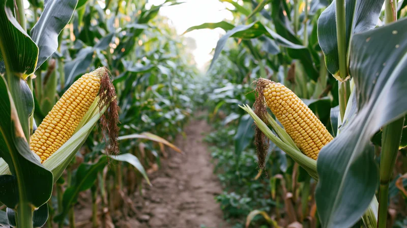 Ripe corn ears with husks pulled back in a field row