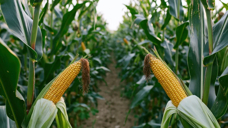 Ripe corn ears with husks partially pulled back in a field row