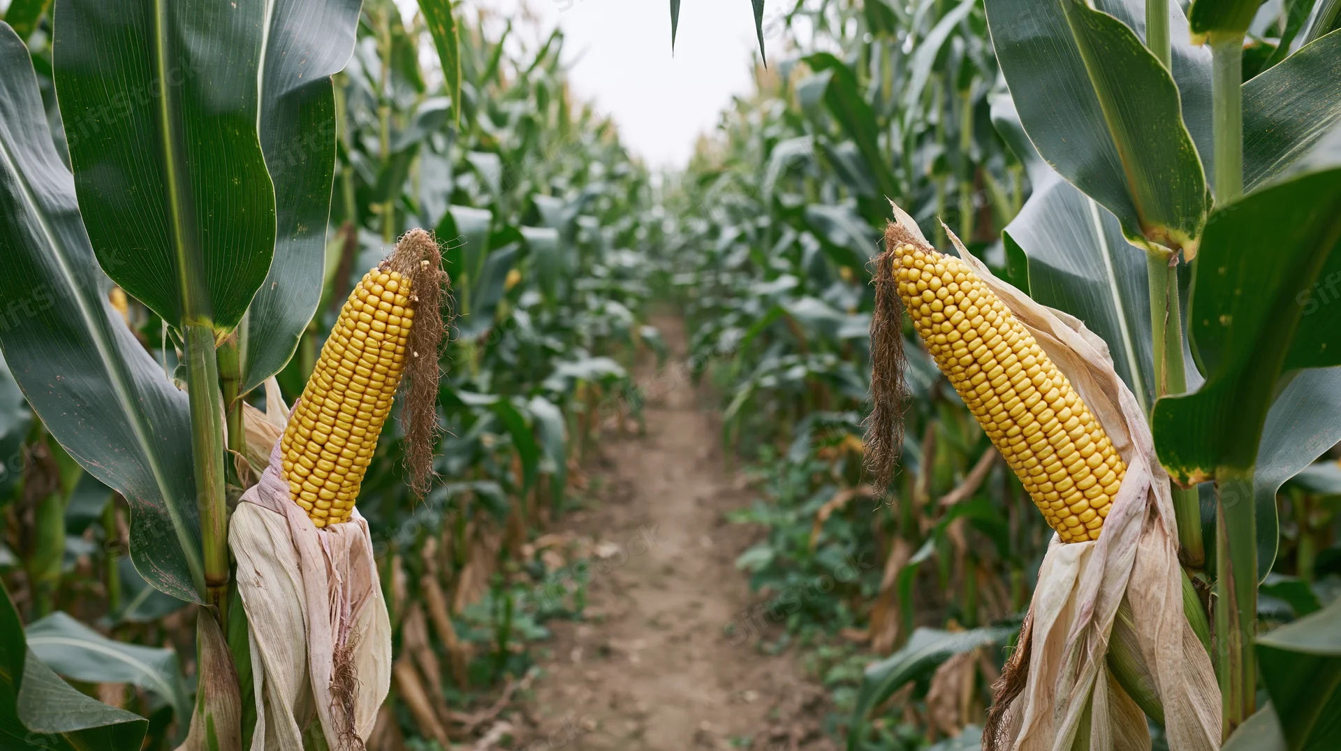 Ripe corn ears with husks pulled back in a field row