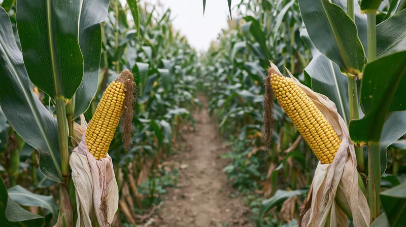 Ripe corn ears with husks pulled back in a field row
