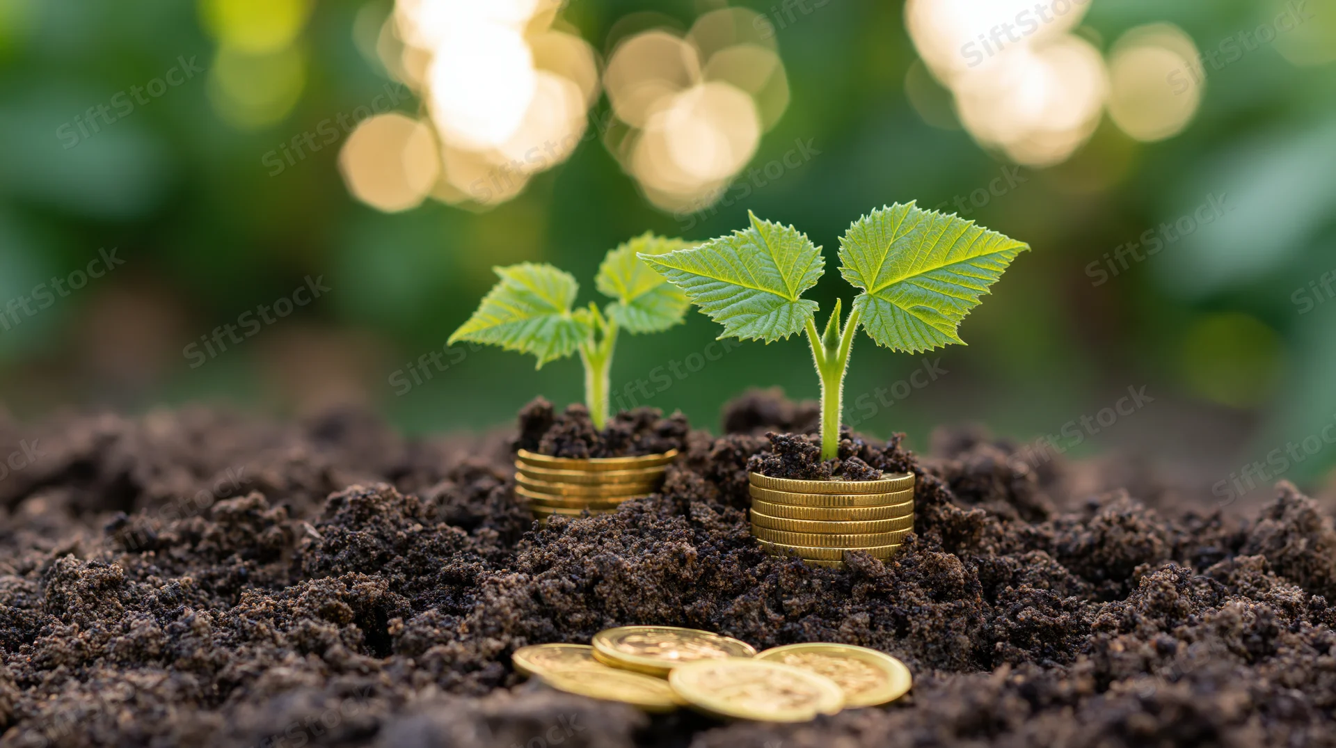 Two small green seedlings growing from stacks of gold coins in dark soil with blurred green foliage and sunlight bokeh in the background