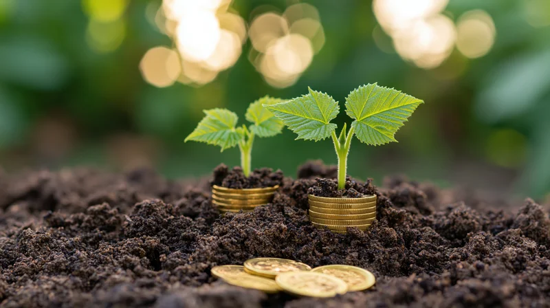 Two small green seedlings growing from stacks of gold coins in dark soil with blurred green foliage and sunlight bokeh in the background