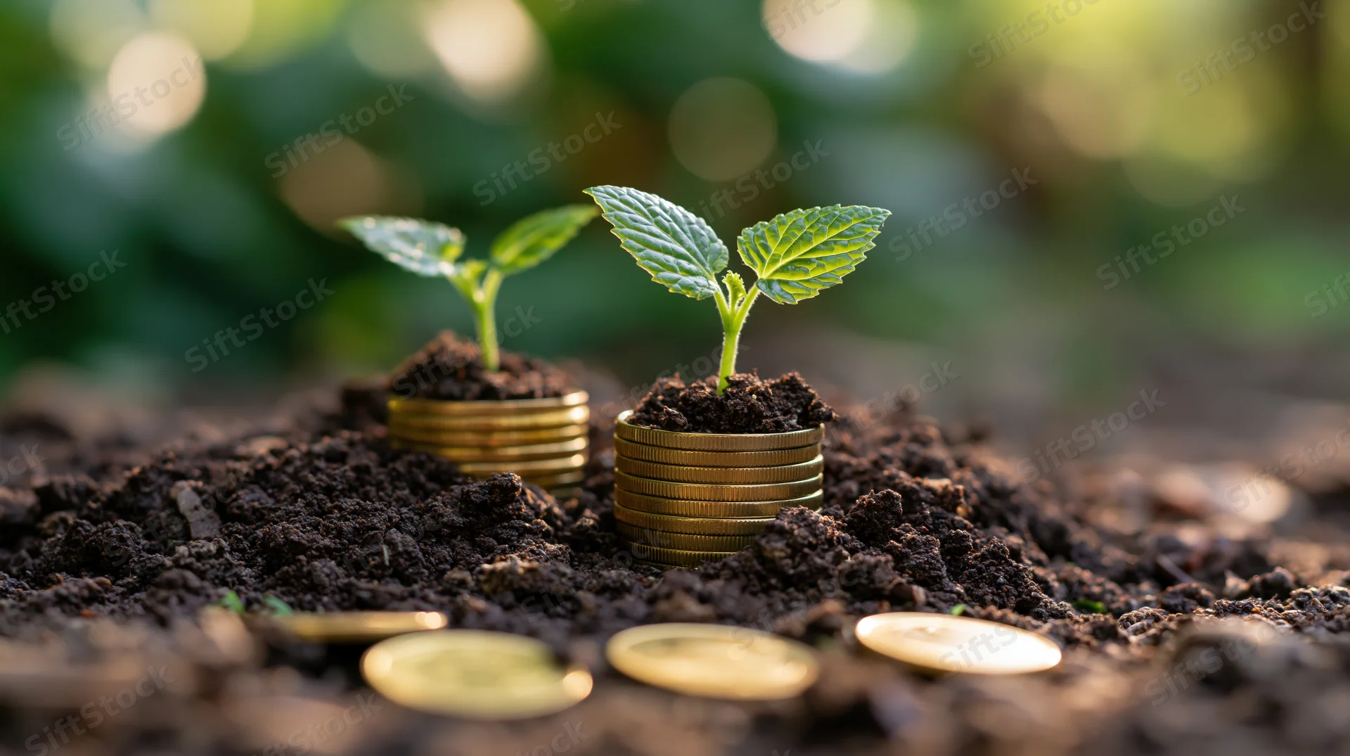 Two small green seedlings growing from stacks of gold coins in soil outdoors