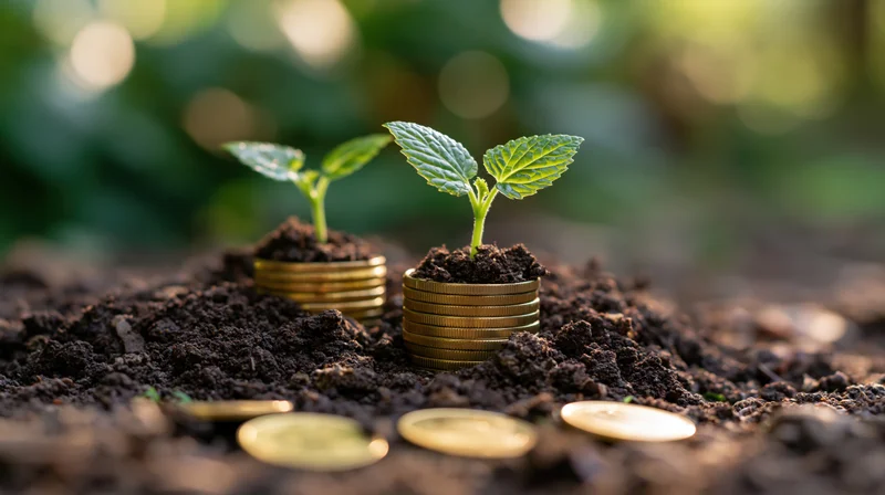 Two small green seedlings growing from stacks of gold coins in soil outdoors