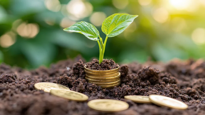 Small green plant growing from a stack of coins in soil