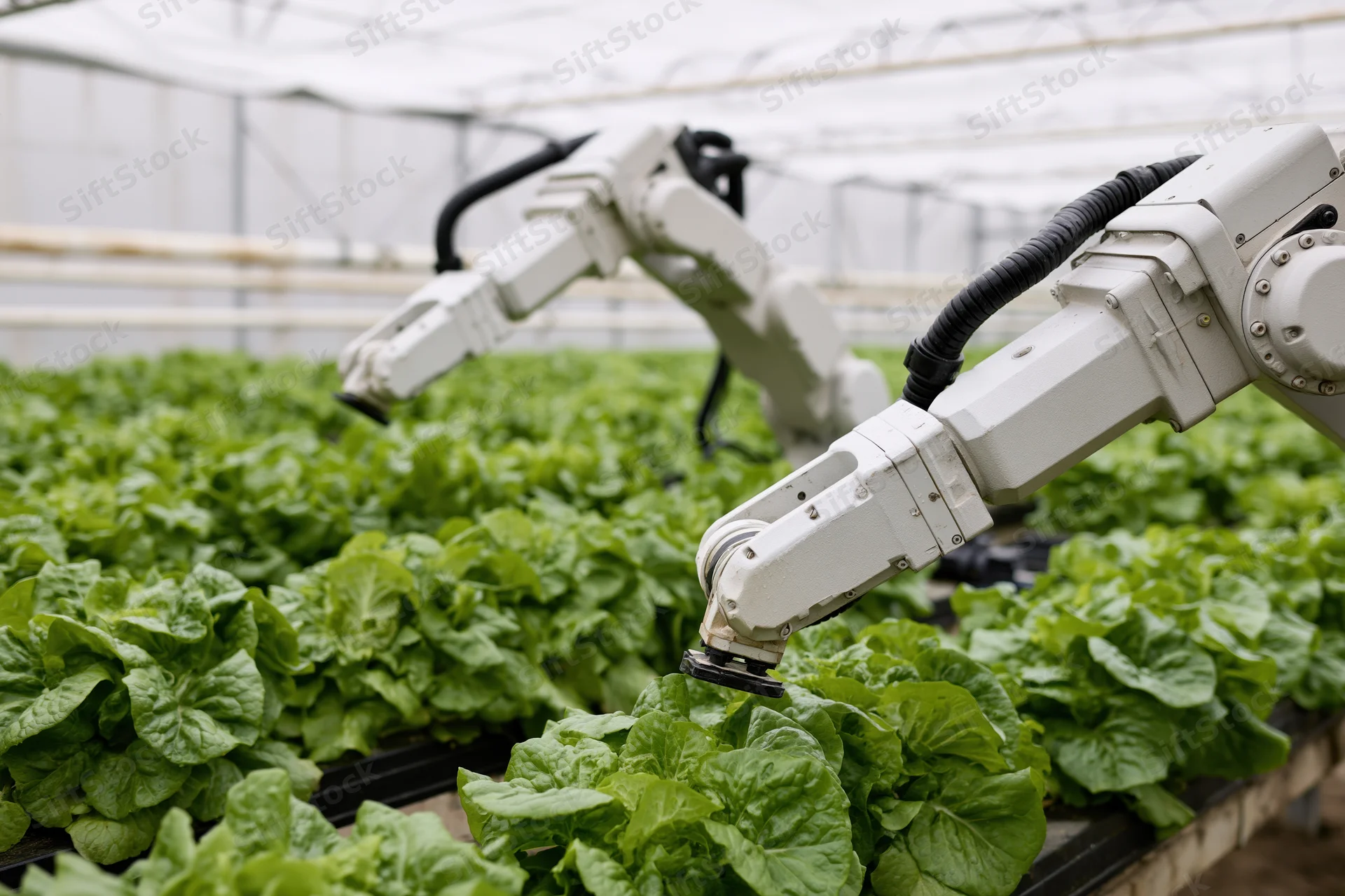 Robotic arms harvesting lettuce in a greenhouse hydroponic farm