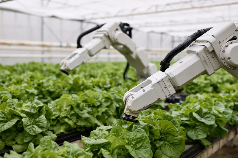 Robotic arms harvesting lettuce in a greenhouse hydroponic farm
