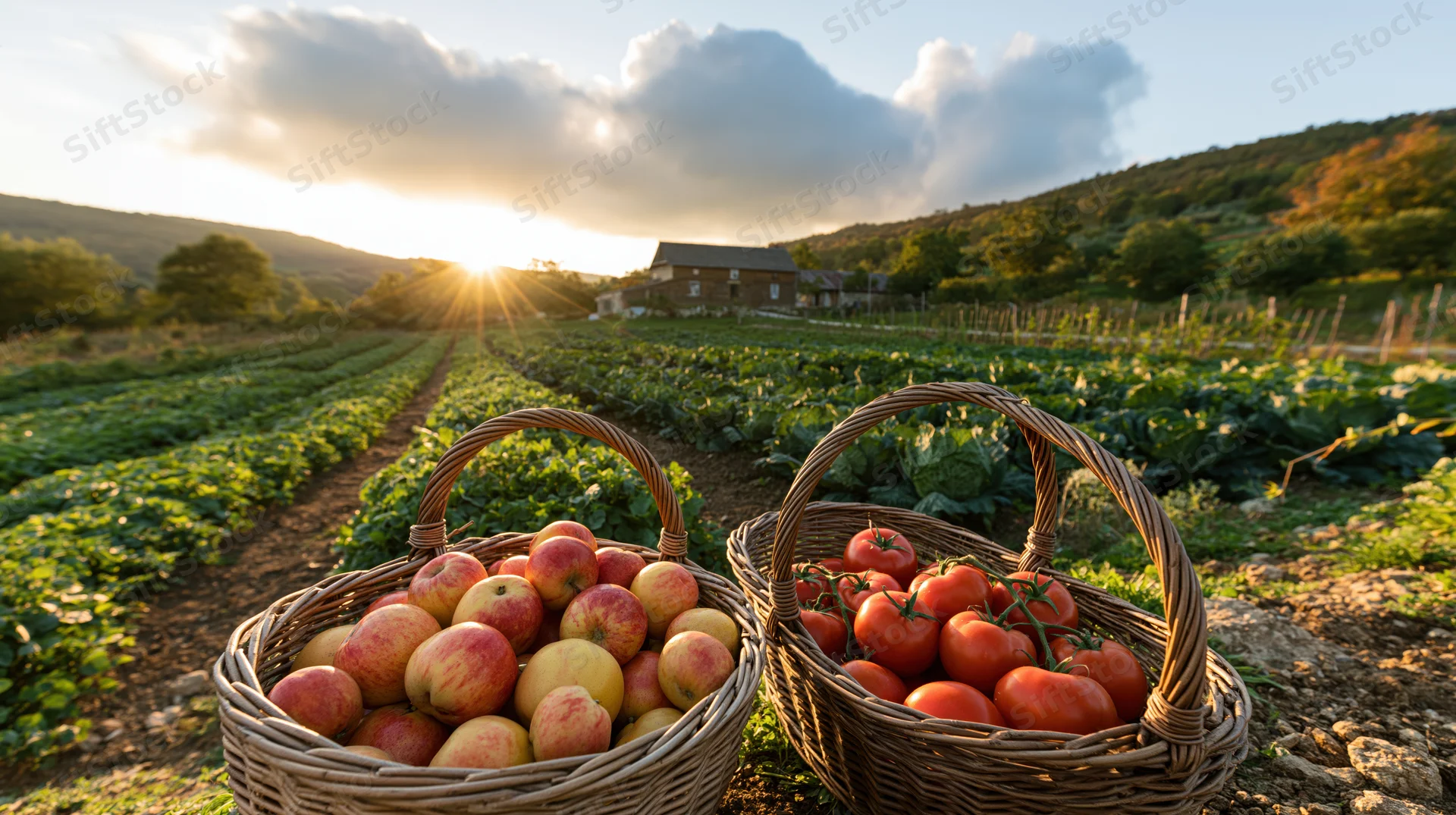 Two wicker baskets filled with apples and tomatoes in a vegetable garden at sunset