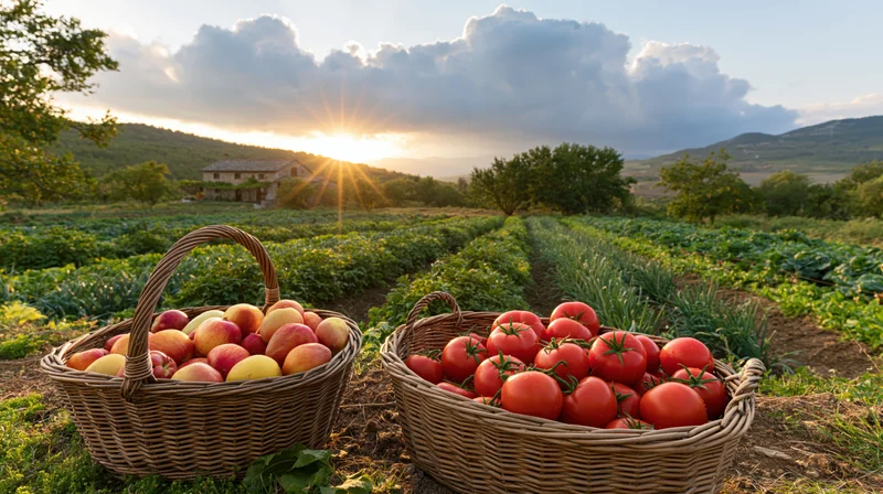 Two wicker baskets filled with ripe tomatoes and apples in a farm field at sunset