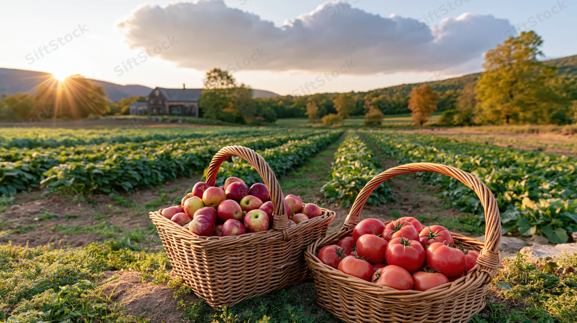Two wicker baskets filled with apples and tomatoes in a farm field at sunset