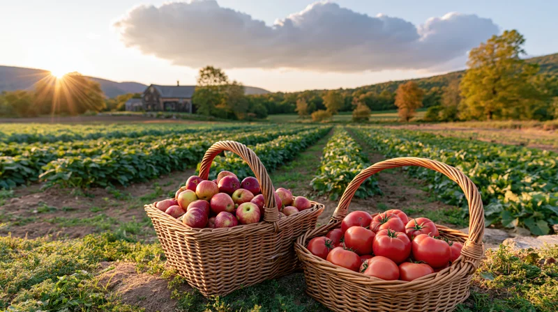 Two wicker baskets filled with apples and tomatoes in a farm field at sunset