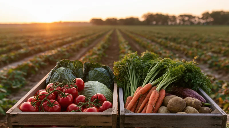 Two wooden crates filled with fresh vegetables on a farm field at sunset
