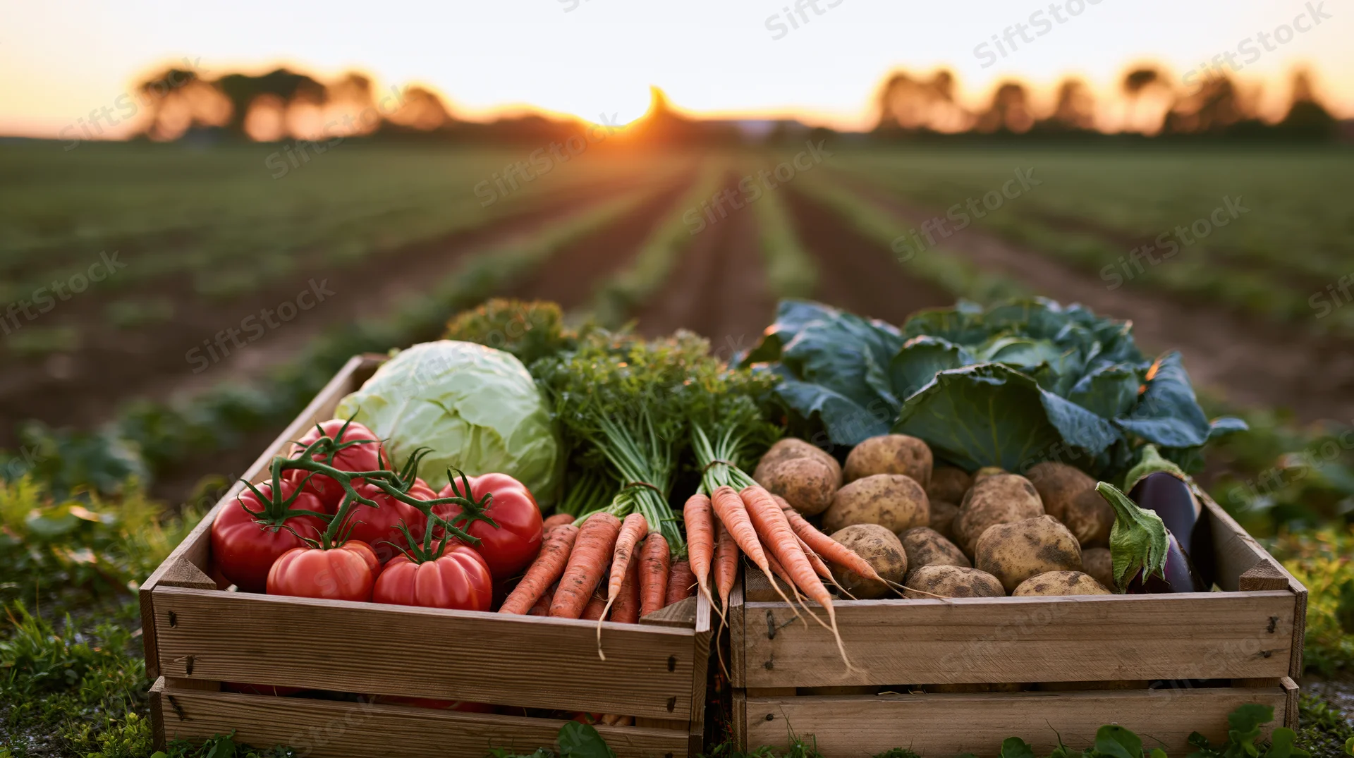 Two wooden crates filled with fresh vegetables placed in a farm field at sunset
