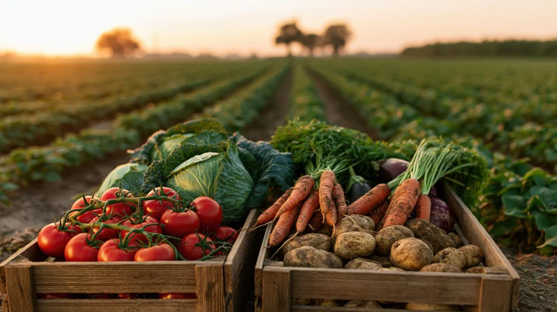 Two wooden crates filled with fresh vegetables in a farm field at sunset