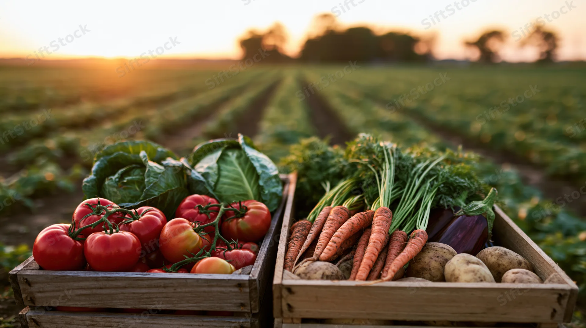 Wooden crates filled with fresh vegetables on a farm field at sunset