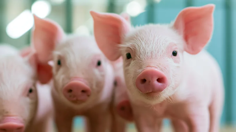 Young piglets facing camera in clean indoor farm setting