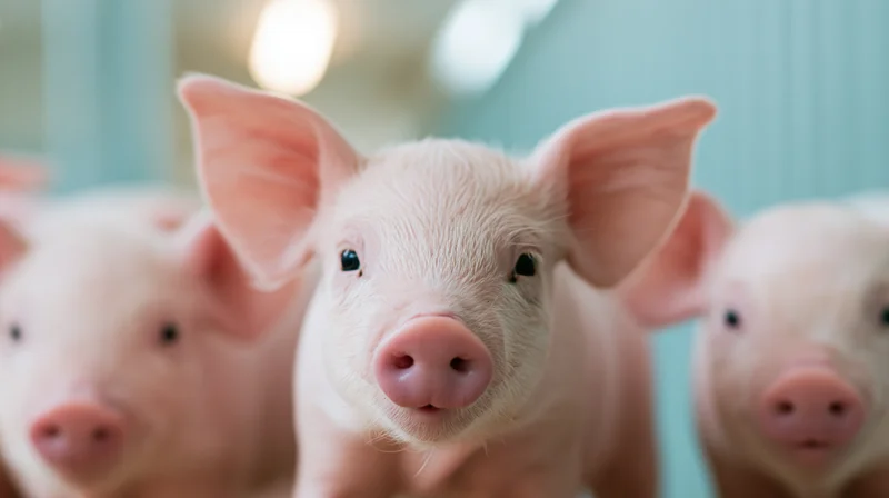 Three young piglets facing the camera in a clean indoor farm setting