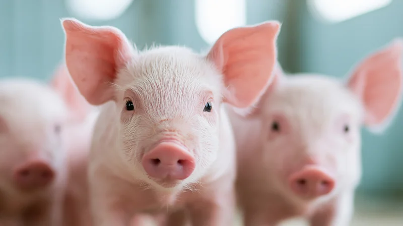 Young piglets facing camera in clean indoor farm setting