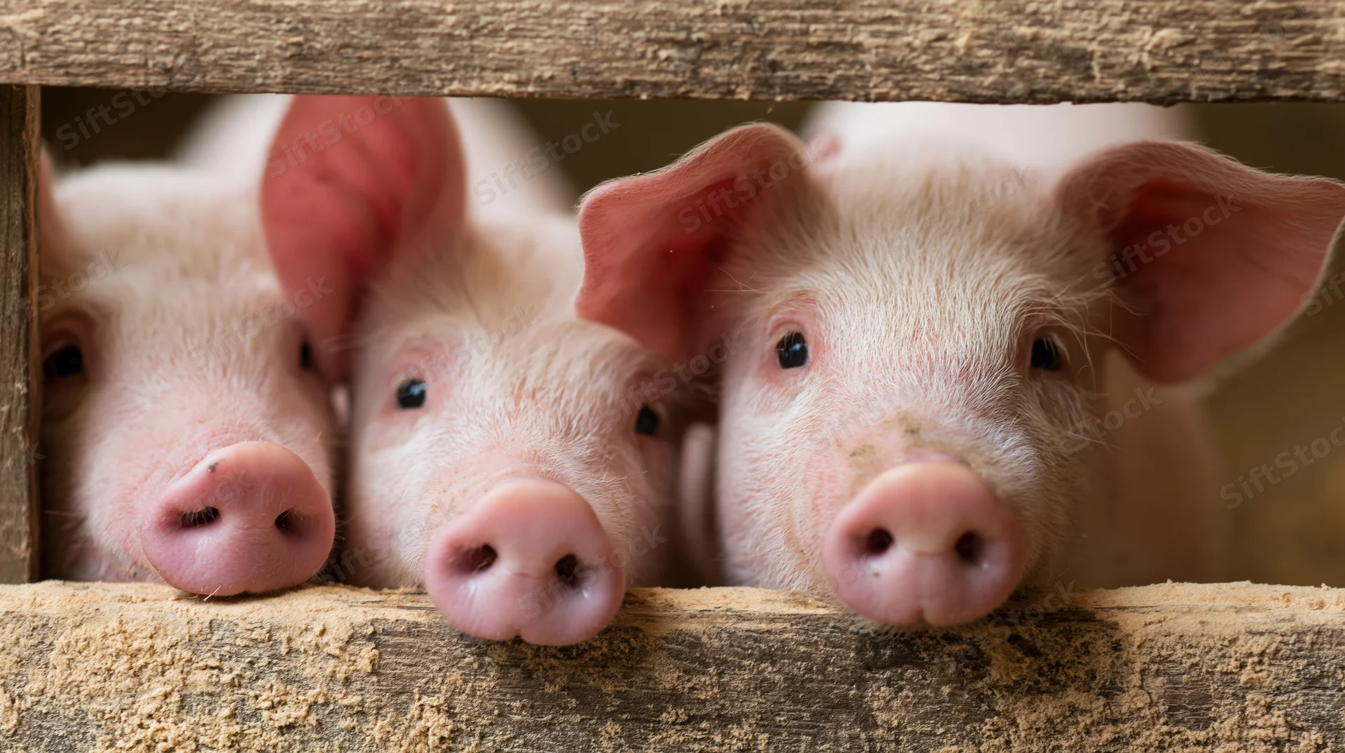Three young piglets peeking through wooden slats in a farm pen