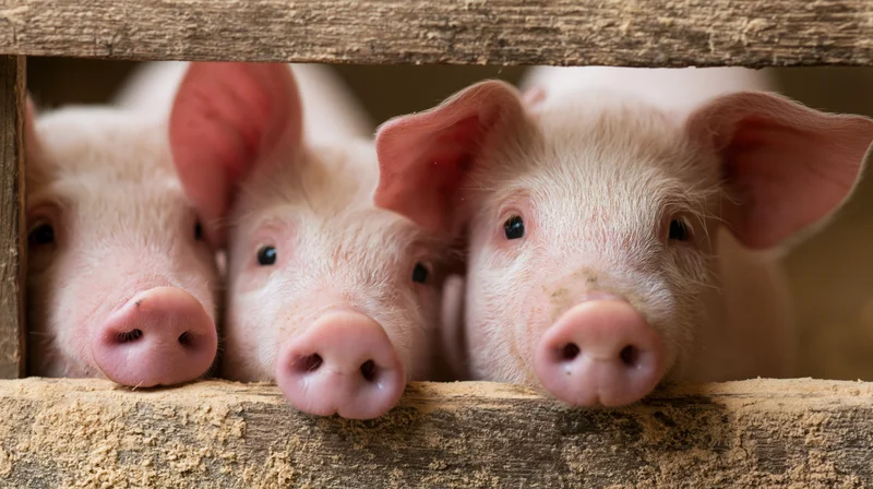 Three young piglets peeking through wooden slats in a farm pen