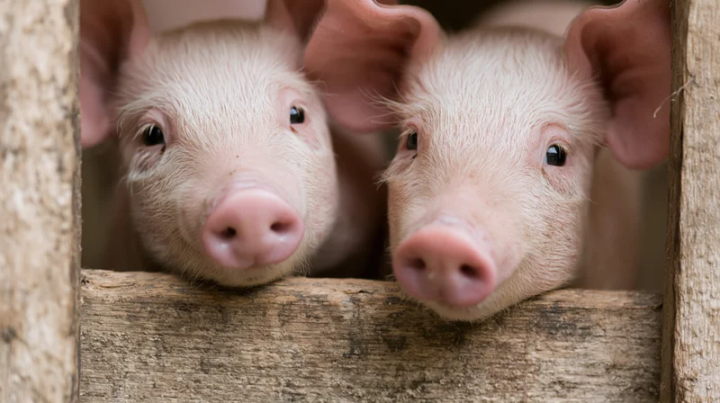 Two young piglets peeking through wooden slats in a farm pen