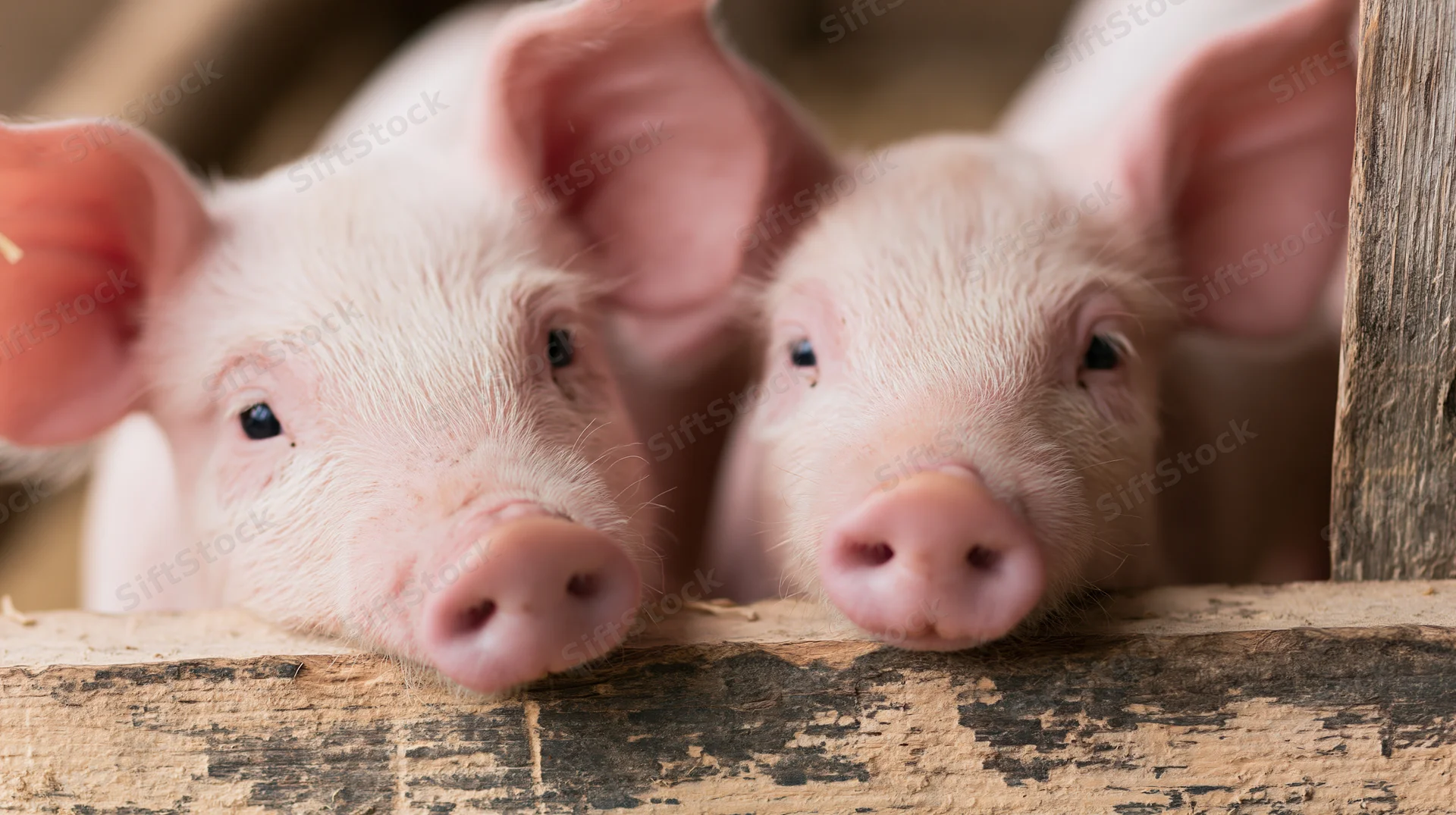 Two young piglets peeking over a wooden fence in a farm pen