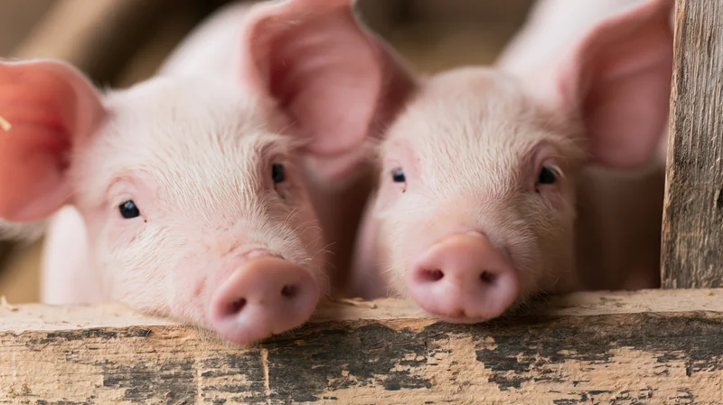 Two young piglets peeking over a wooden fence in a farm pen