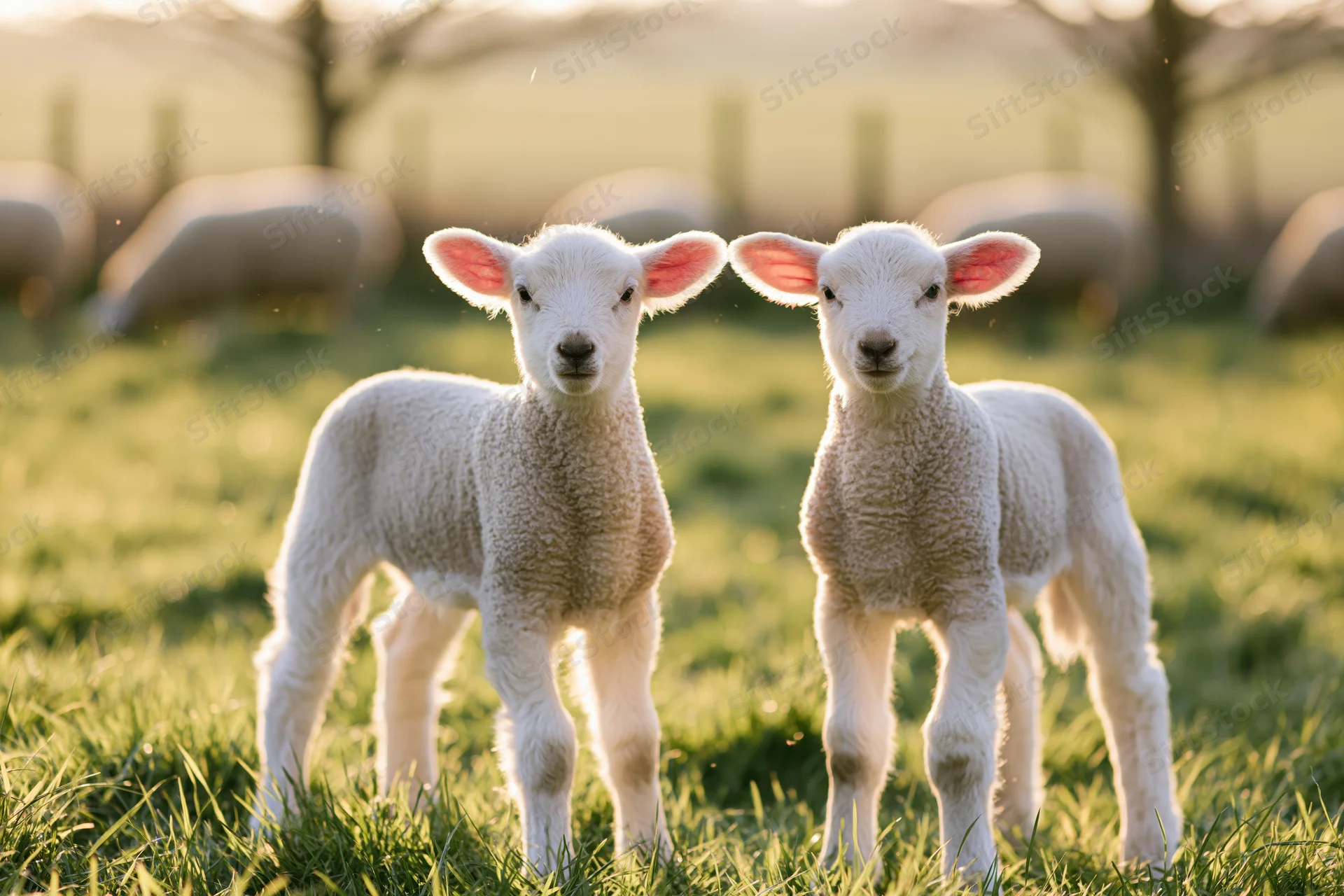 Two young white lambs standing side by side in a green pasture at sunrise