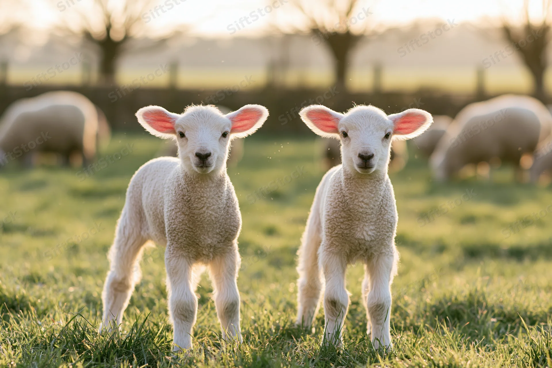 Two young white lambs standing side by side in a green pasture at sunrise