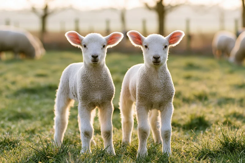 Two young white lambs standing side by side in a green pasture