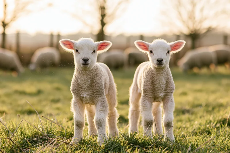 Two young white lambs standing side by side in a green pasture at sunrise
