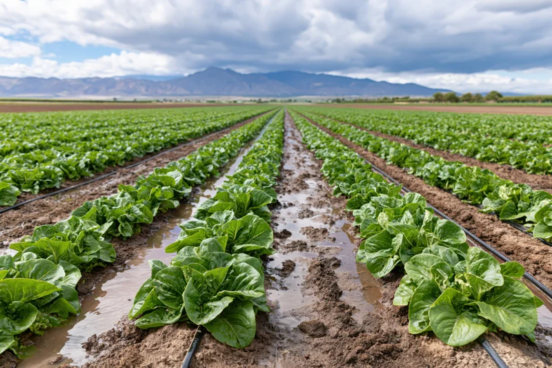 Rows of lettuce growing in a commercial field with drip irrigation under cloudy sky