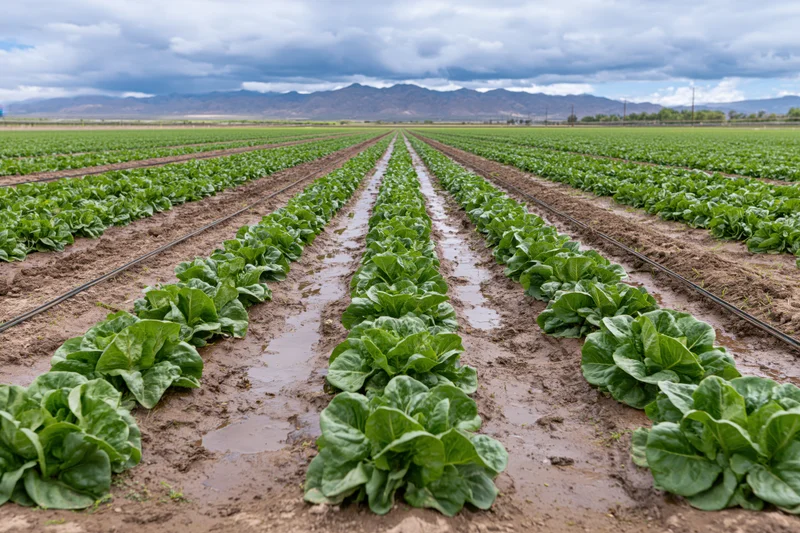 Rows of lettuce growing in a commercial field with irrigation lines and distant mountains under cloudy sky