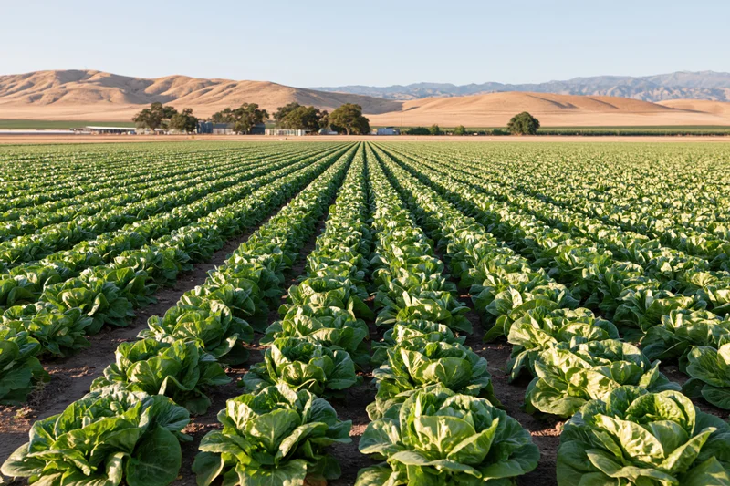 Rows of lettuce growing in a vast commercial field under a clear sky with distant mountains
