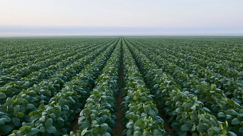 Symmetrical rows of soybean plants in full canopy across a vast field