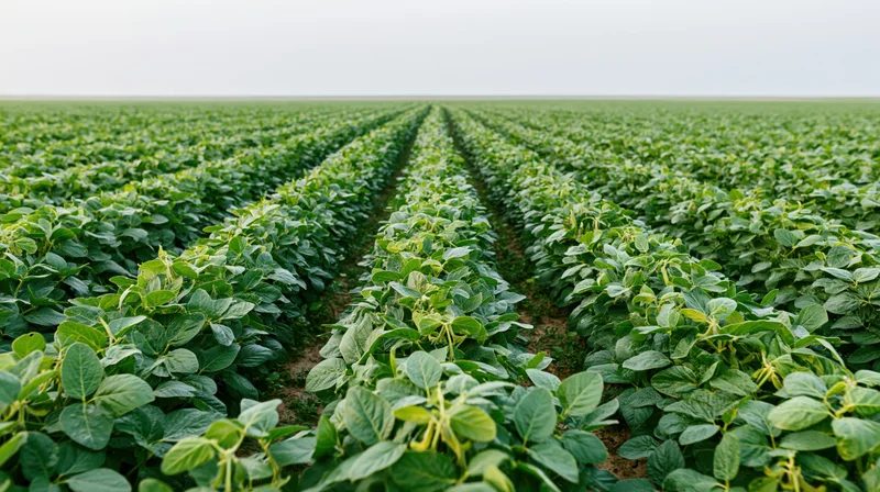 Rows of soybean plants in full canopy growth across a vast cultivated field