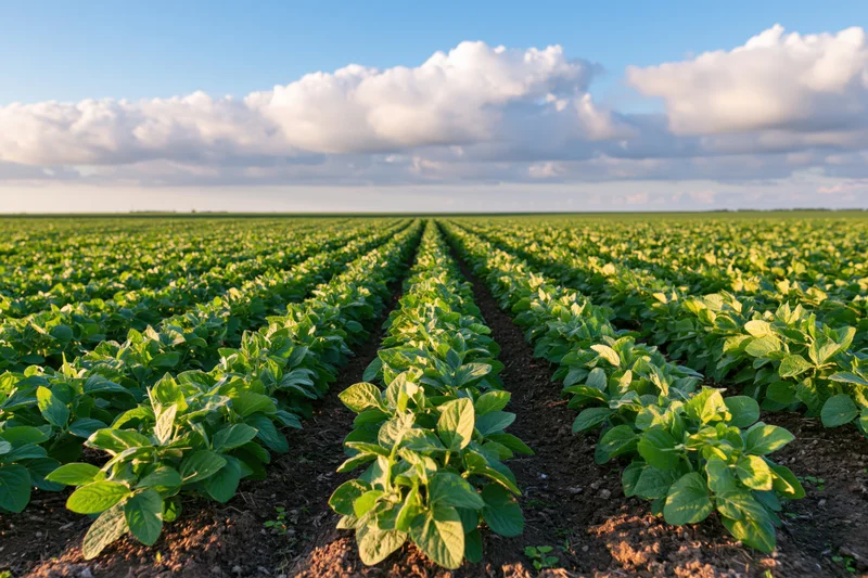 Rows of soybean plants growing in a vast field under a blue sky with clouds