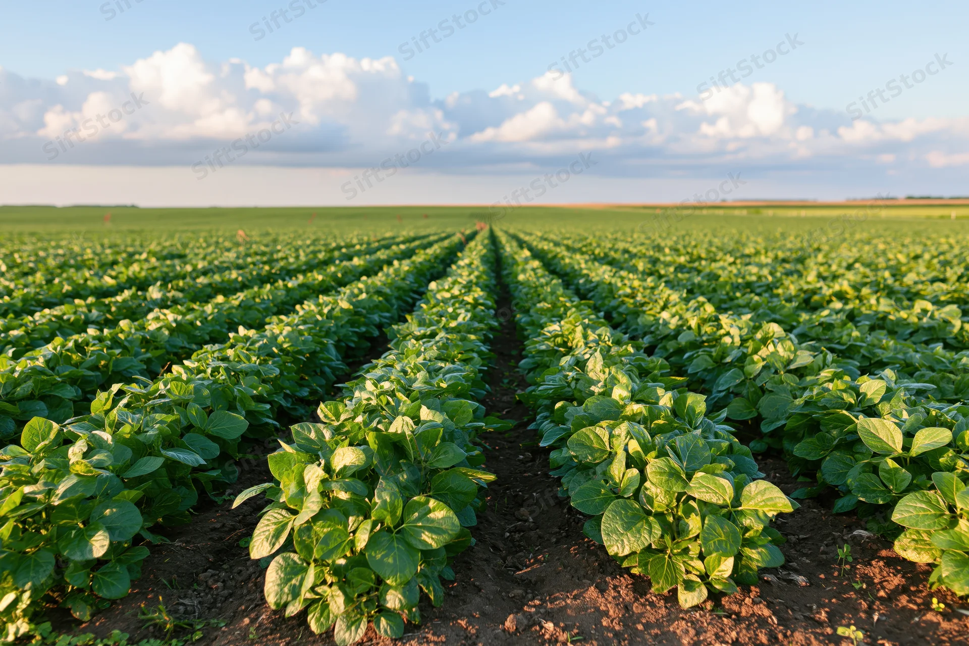 Rows of soybean plants growing in a vast field under a partly cloudy sky