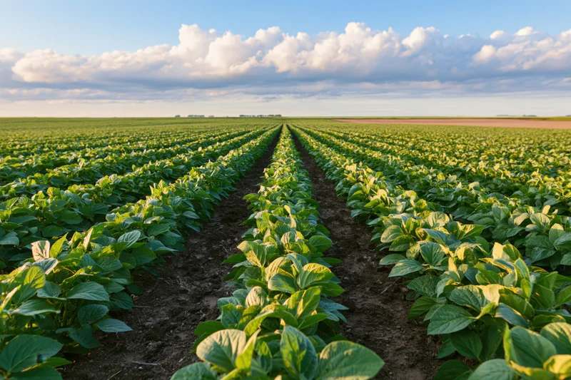 Rows of soybean plants growing in a vast field under a partly cloudy sky
