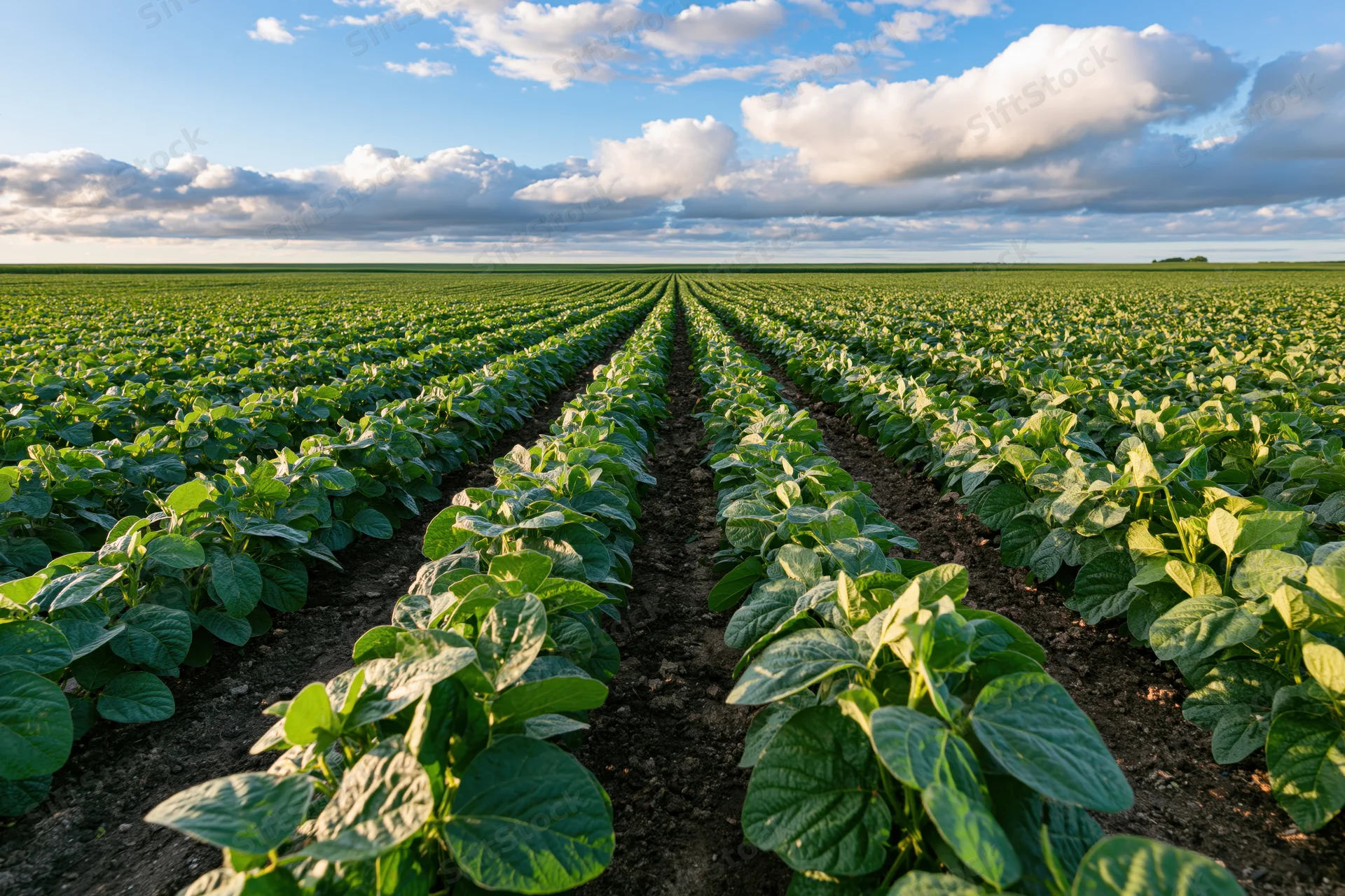 Rows of soybean plants growing in a vast field under a partly cloudy sky