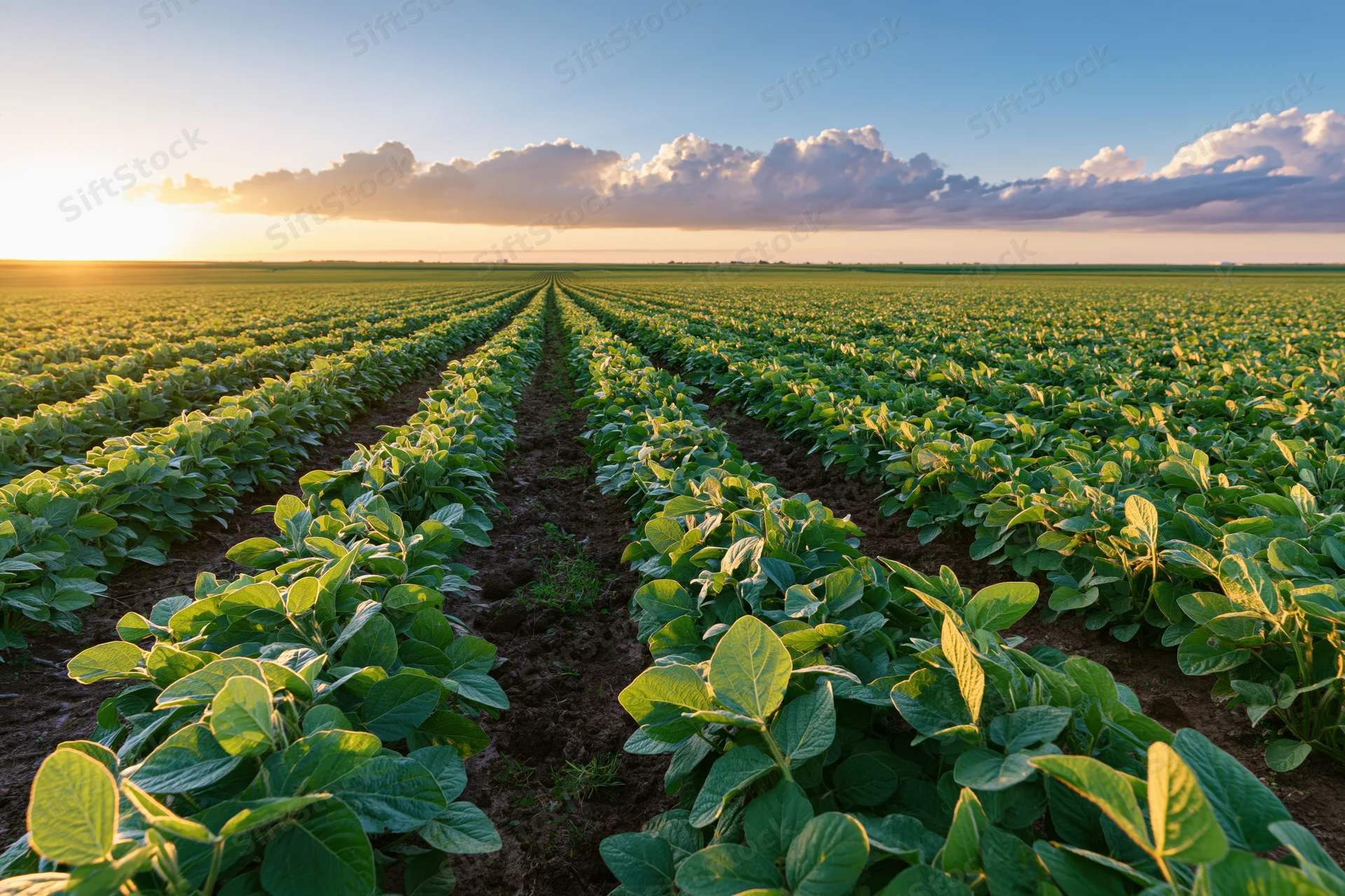 Rows of soybean plants stretching across a vast field at sunset