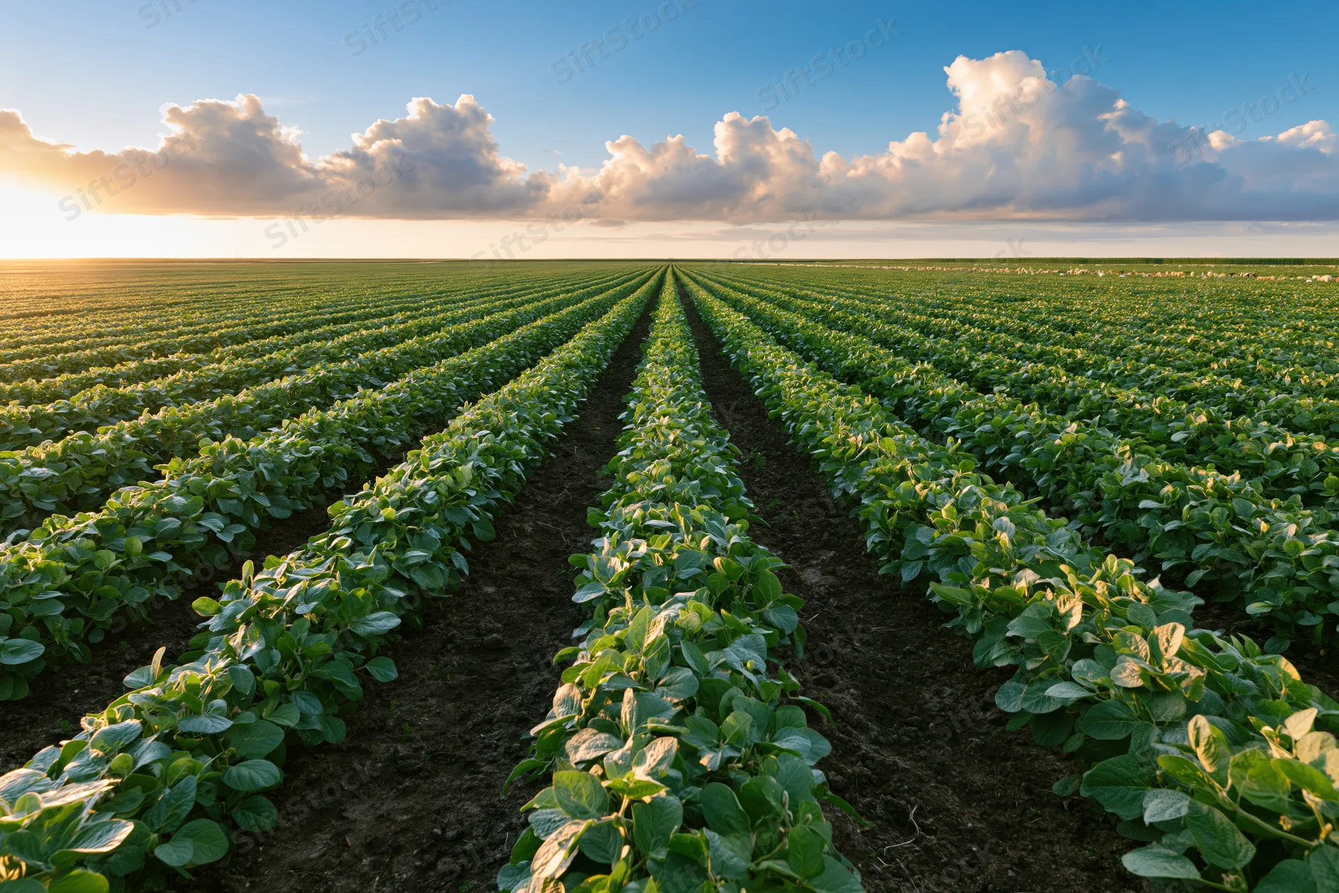 Rows of soybean plants stretching to the horizon in a vast field at sunset