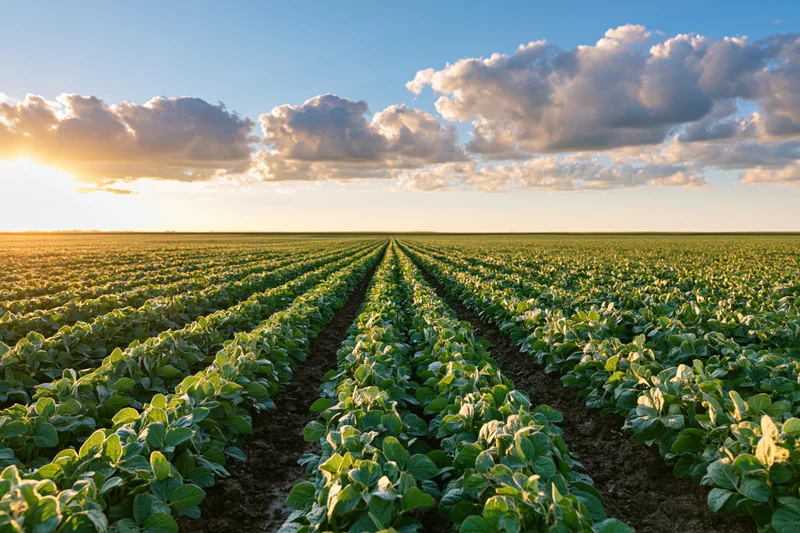 Rows of soybean plants stretching across a vast field under a cloudy sky at sunset