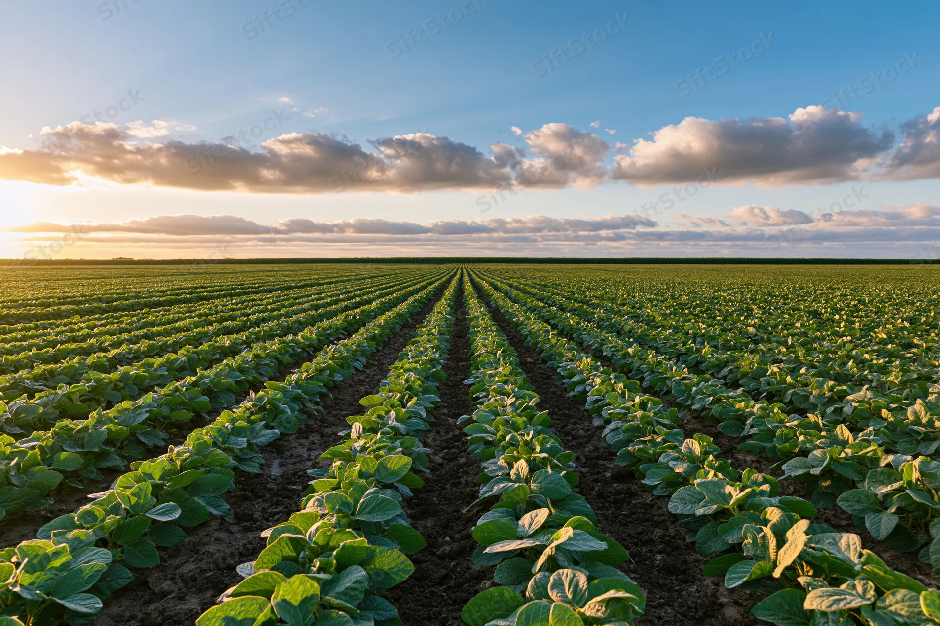 Rows of soybean plants stretching across a vast field under a cloudy sky at sunset